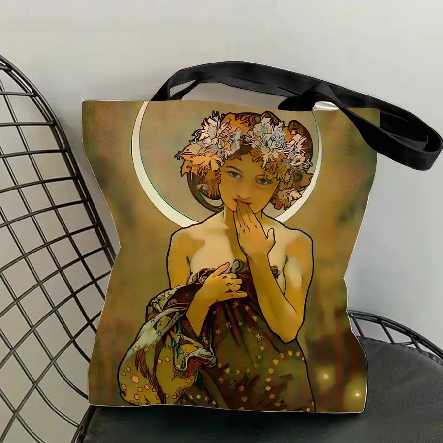 Mucha Series Art Canvas Tote Bag — Double-Sided Print | Eco-Friendly | 12 Designs | 4 Sizes