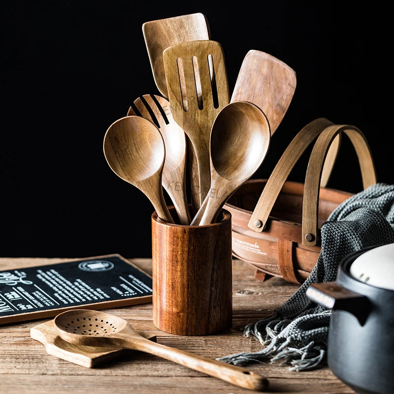 9-Piece Teak Cooking Utensil Set — With Holder | Kitchen Essential