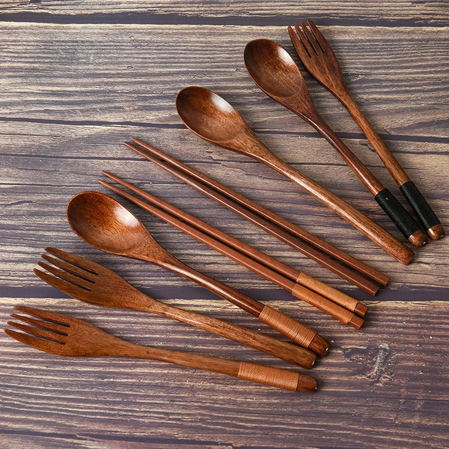 3-Piece Natural Wood Tableware Set — Spoon, Chopsticks & Fork | Travel & Home