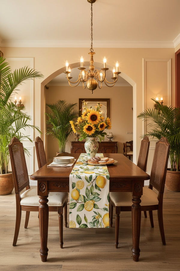 Watercolour Lemon & Green Leaf Linen Table Runner — 4 Lengths