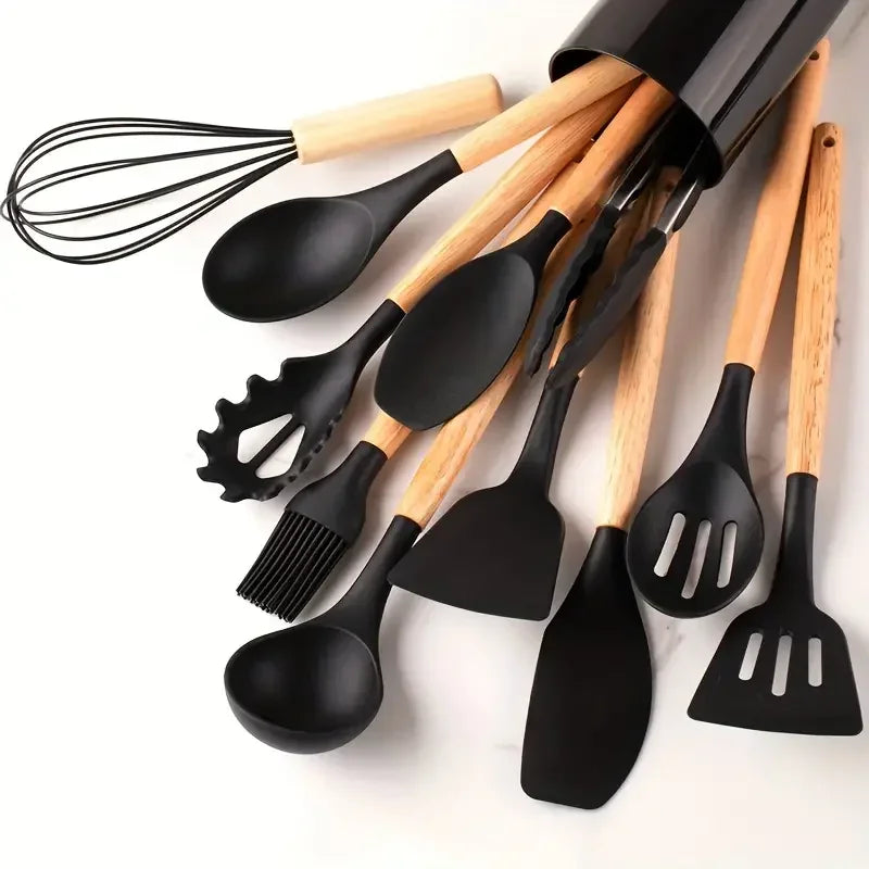 12-Piece Silicone & Wooden-Handle Kitchenware Set — Heat-Resistant | Non-Stick Safe