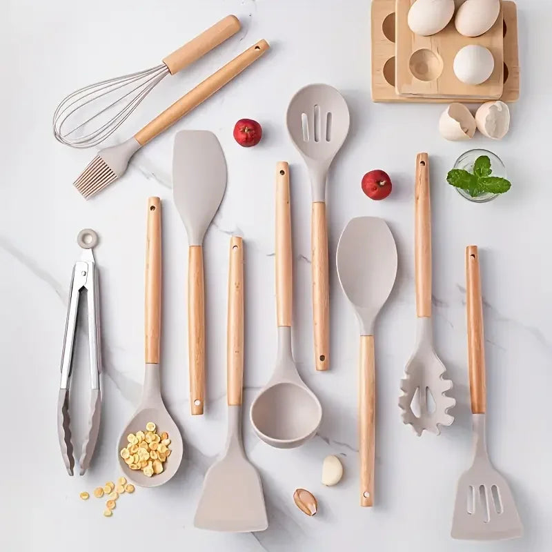 12-Piece Silicone & Wooden-Handle Kitchenware Set — Heat-Resistant | Non-Stick Safe