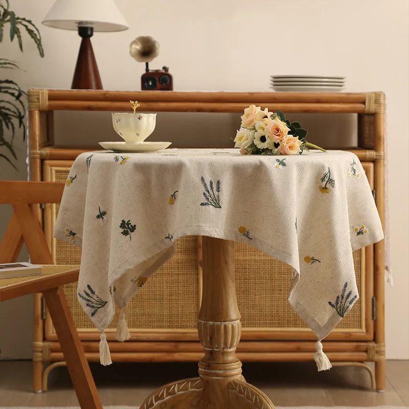 Embroidered Wheat Linen Tablecloth — Beige, 60×60cm & 90×90cm