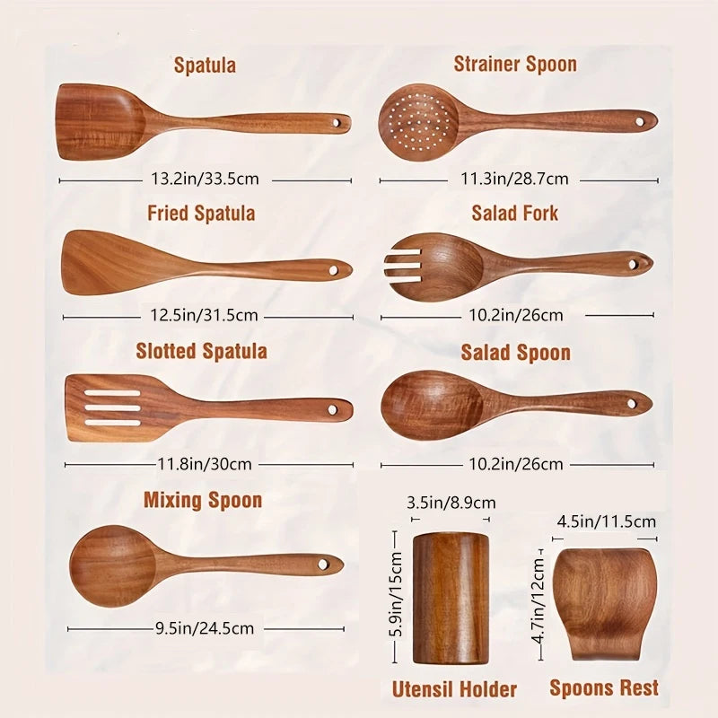 9-Piece Teak Cooking Utensil Set — With Holder | Kitchen Essential