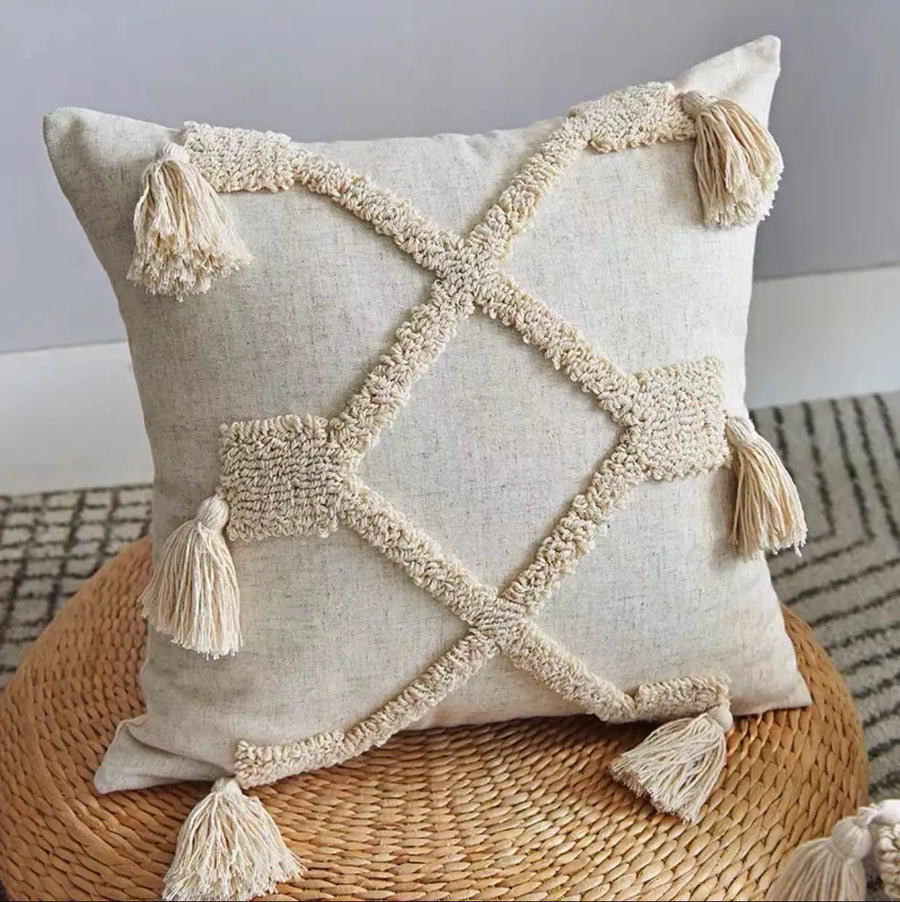 Boho Hand-Tufted Geometric Cushion Cover with Tassels — Cotton Linen | 8 Styles | 2 Sizes