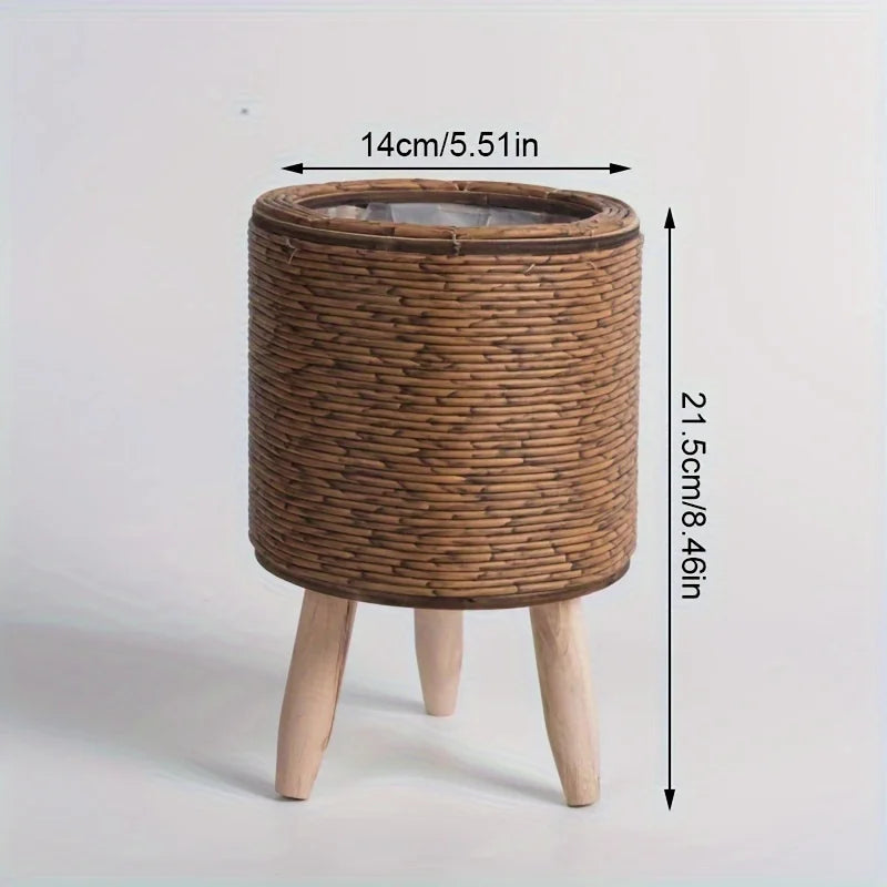 Rustic Rattan Planter with Wooden Legs — Woven Storage Basket | 4 Styles | Indoor & Outdoor