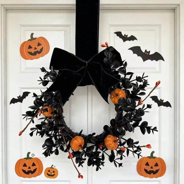Black Halloween Wreath with Velvet Bow