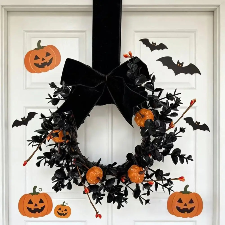 Black Halloween Wreath with Velvet Bow