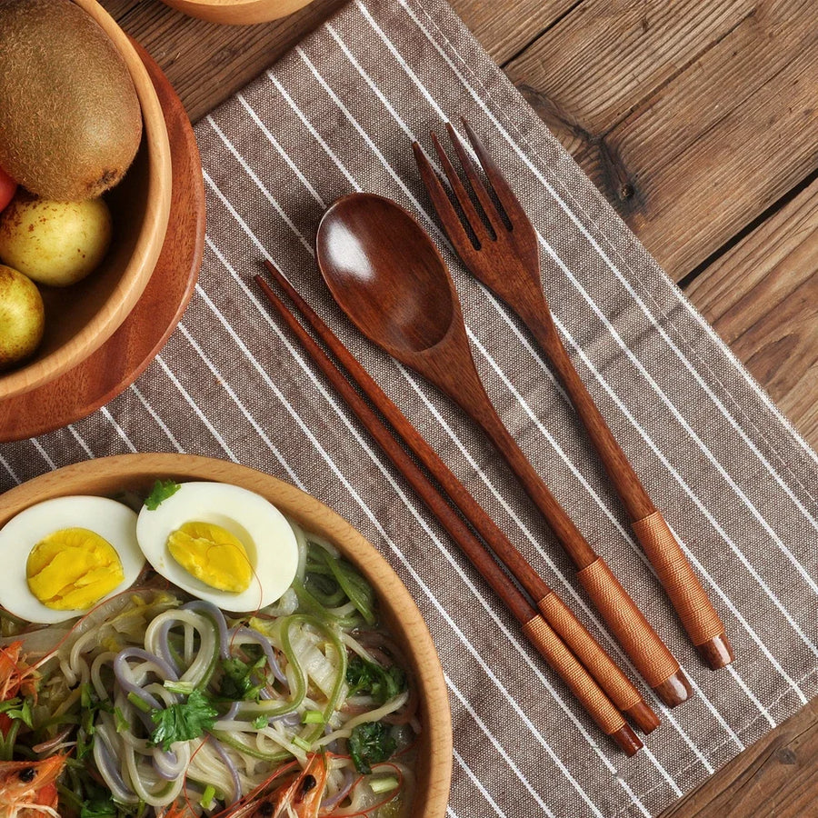 3-Piece Natural Wood Tableware Set — Spoon, Chopsticks & Fork | Travel & Home