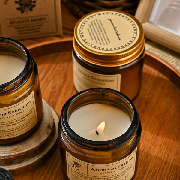 Amber Glass Scented Candle — Smokeless Soy Wax | Vintage Design | 9 Fragrances