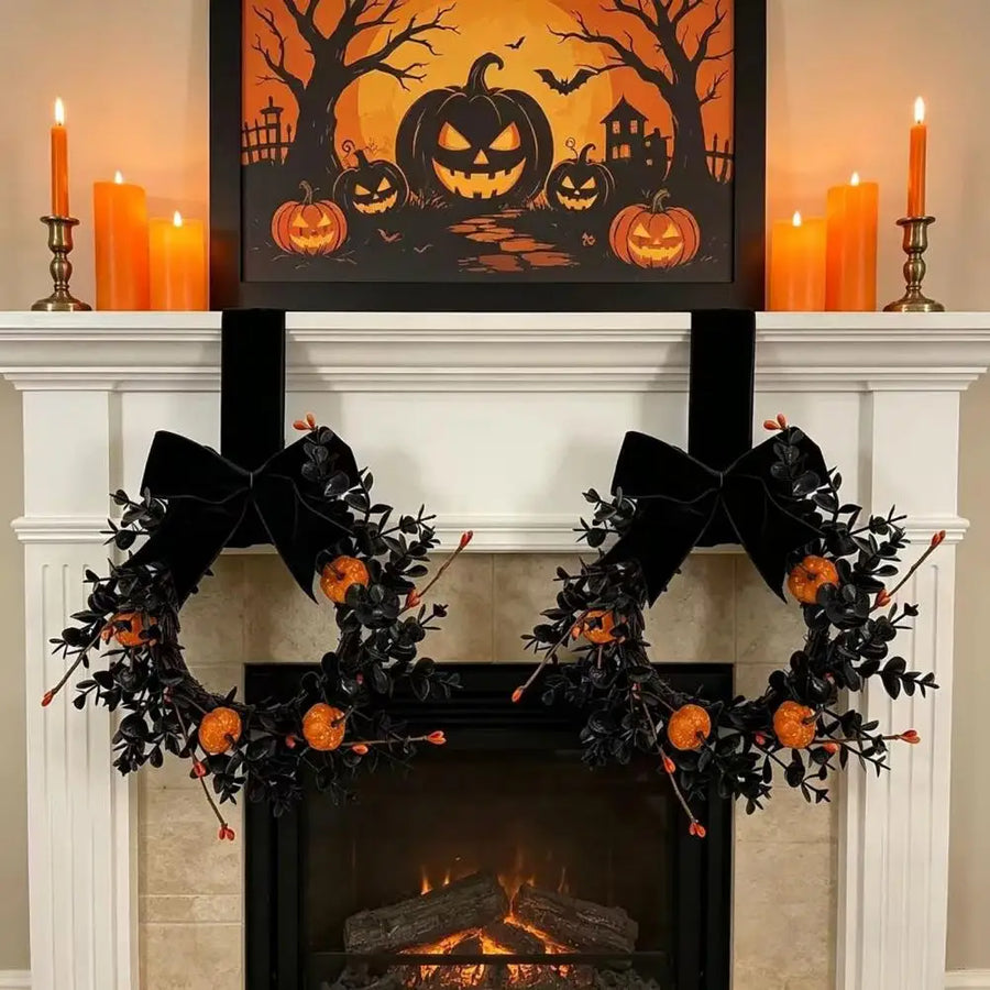 Black Halloween Wreath with Velvet Bow