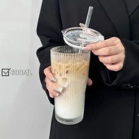 600ml Stripe Glass Cup with Lid & Straw
