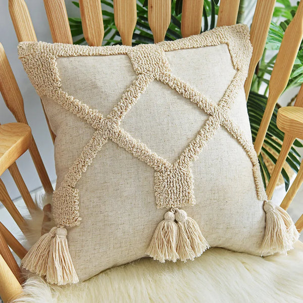 Boho Hand-Tufted Geometric Cushion Cover with Tassels — Cotton Linen | 8 Styles | 2 Sizes