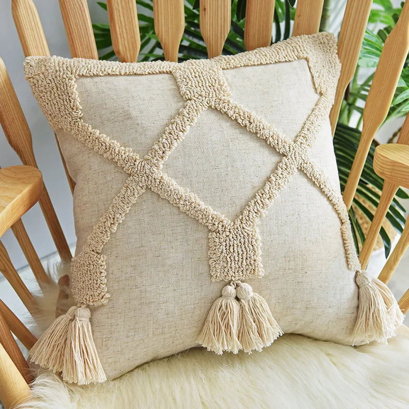 Boho Hand-Tufted Geometric Cushion Cover with Tassels — Cotton Linen | 8 Styles | 2 Sizes