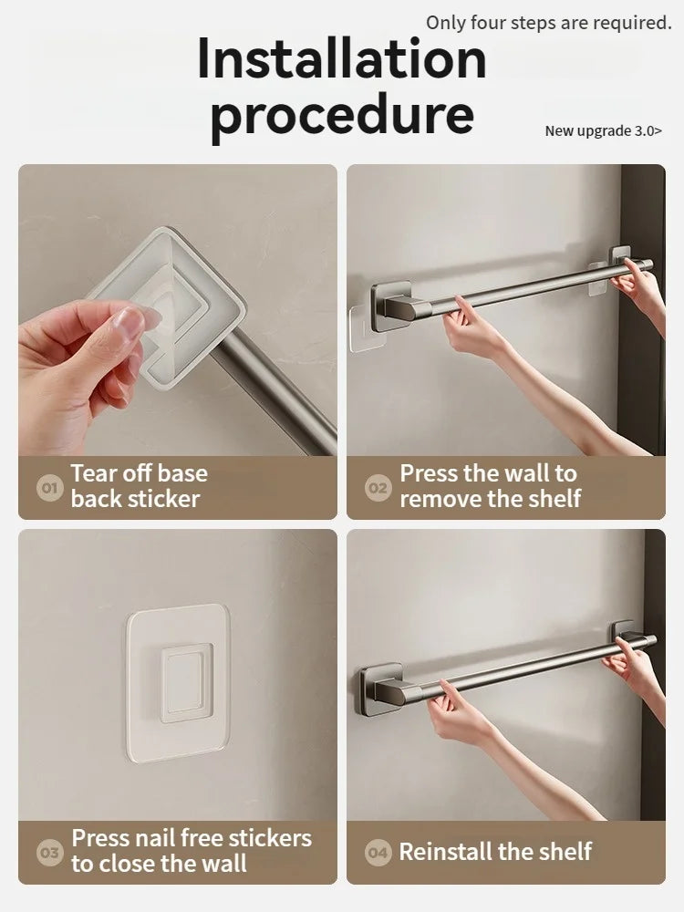 No-Drill Adhesive Towel Bar — Grey, 30–80cm