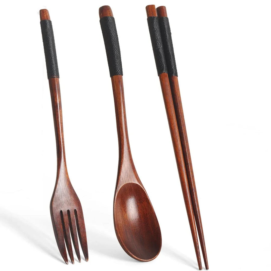 3-Piece Natural Wood Tableware Set — Spoon, Chopsticks & Fork | Travel & Home