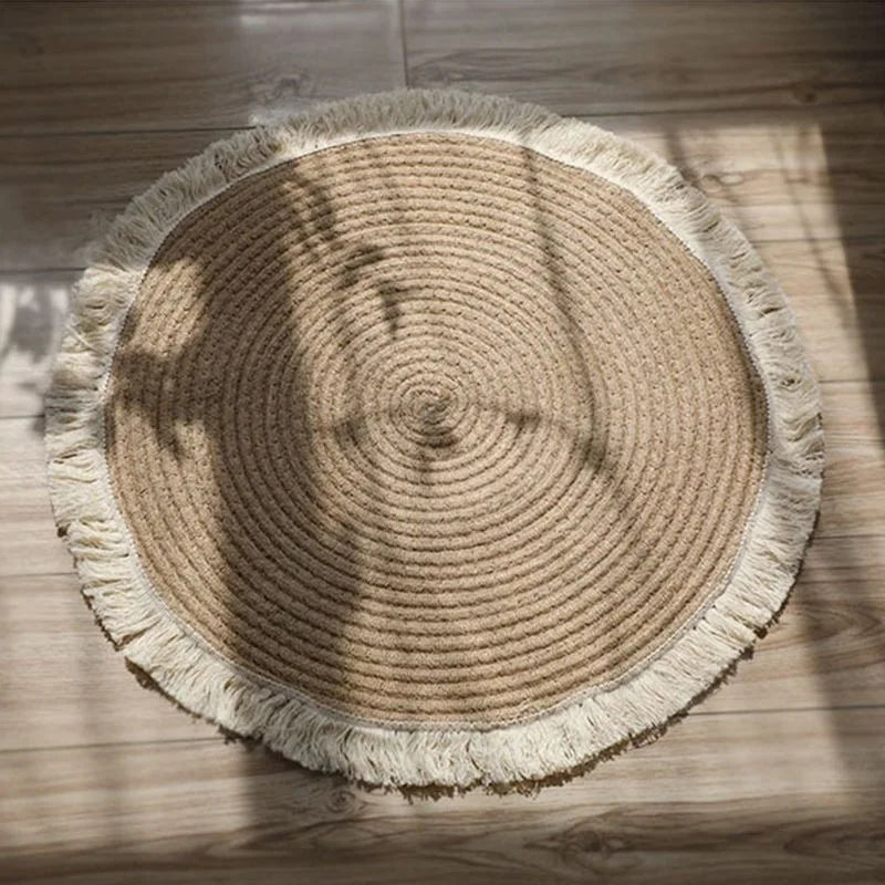 Natural Jute Round Rug with Tassels | Hand-Woven | 80cm