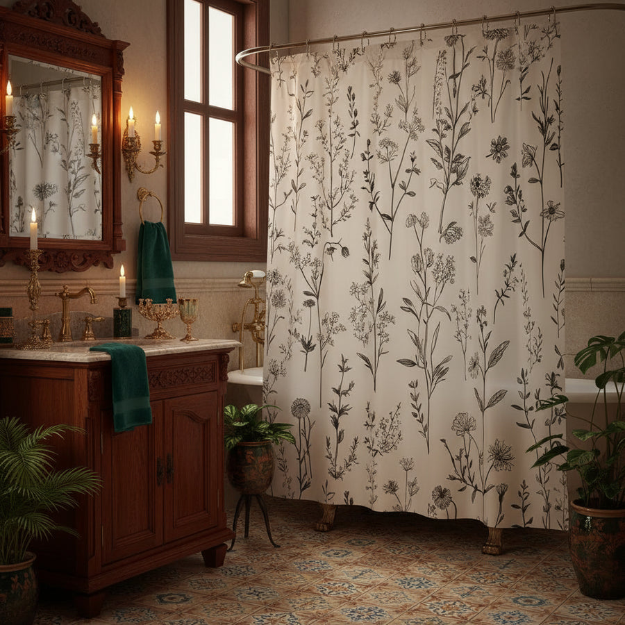 Vintage Botanical Floral Shower Curtain — Eco-Friendly Polyester | 8 Sizes | Machine Washable