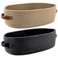 Handwoven Cotton Rope Storage Baskets | Set of 2 | Leather Handles