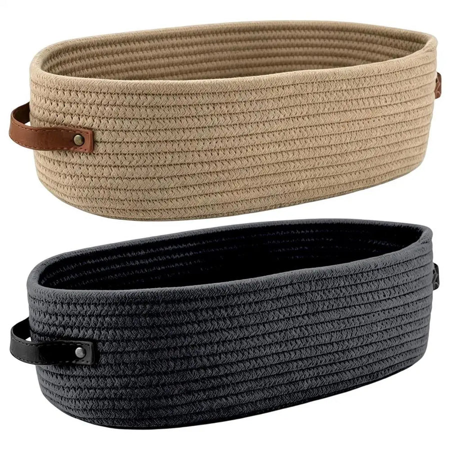 Handwoven Cotton Rope Storage Baskets | Set of 2 | Leather Handles