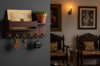 Rustic Wooden Wall Shelf with Key Hooks & Mail Sorter — Entryway & Living Room Organiser
