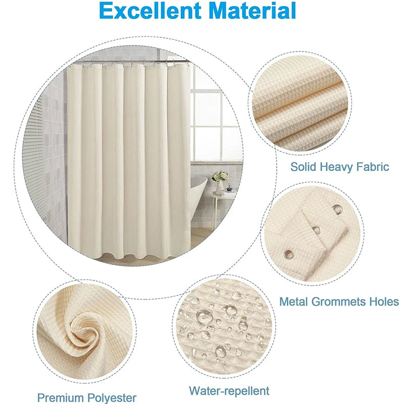 Waffle Texture Shower Curtain — Waterproof & Mildew-Proof | 4 Colours | 3 Sizes | 12 Hooks Included