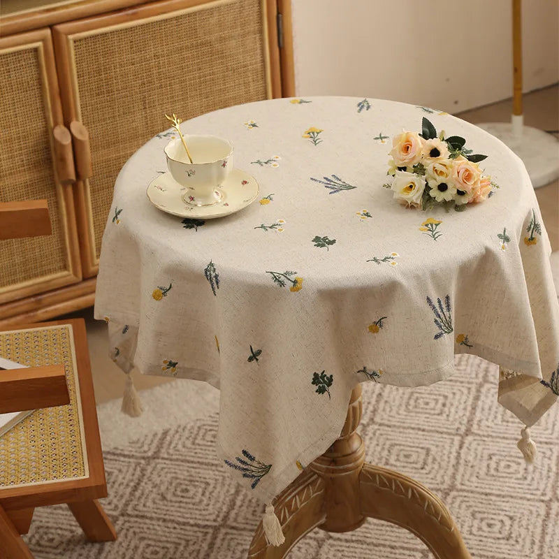 Embroidered Wheat Linen Tablecloth — Beige, 60×60cm & 90×90cm