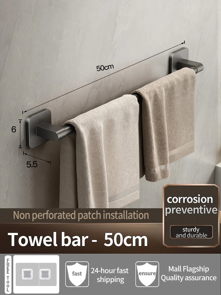 No-Drill Adhesive Towel Bar — Grey, 30–80cm