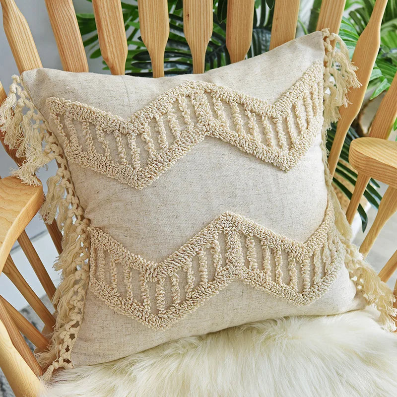 Boho Hand-Tufted Geometric Cushion Cover with Tassels — Cotton Linen | 8 Styles | 2 Sizes