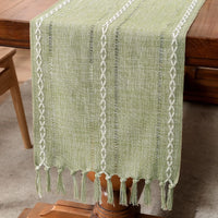 Linen Table Runner with Tassels | Hemstitched | Green, Ivory & Coffee | Multiple Sizes
