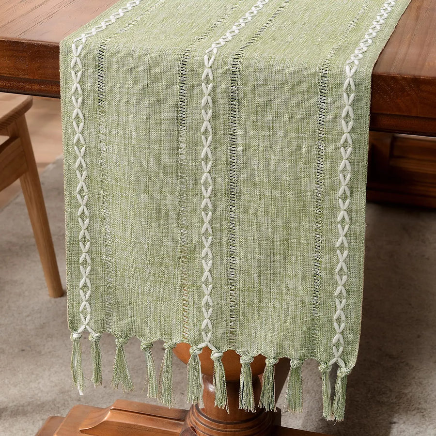 Linen Table Runner with Tassels | Hemstitched | Green, Ivory & Coffee | Multiple Sizes