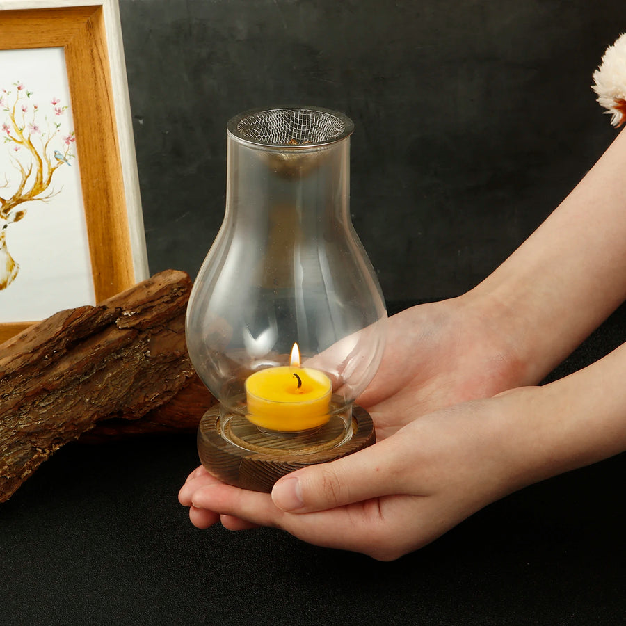 Glass Tea Light Holder with Wooden Base — Aromatherapy Incense Burner