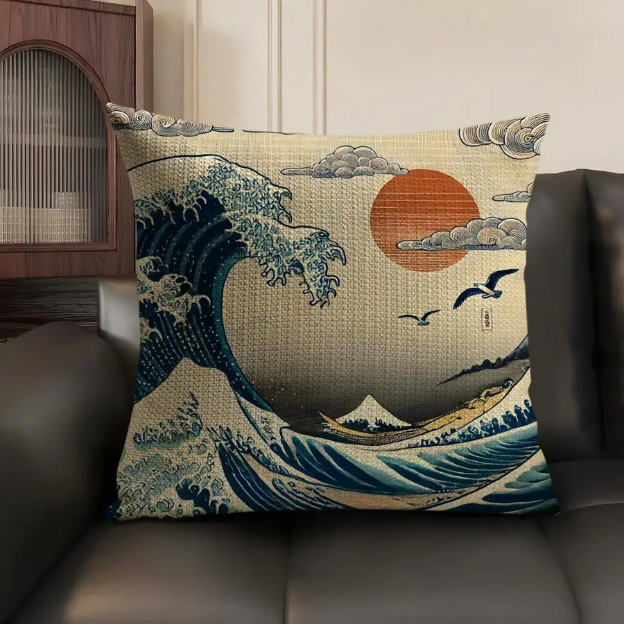 Japanese Art Cushion Cover — Natural Linen | Double-Sided Print