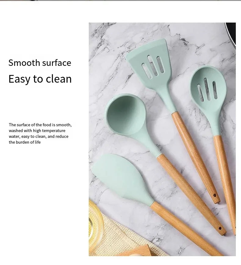12-Piece Silicone & Wooden-Handle Kitchenware Set — Heat-Resistant | Non-Stick Safe