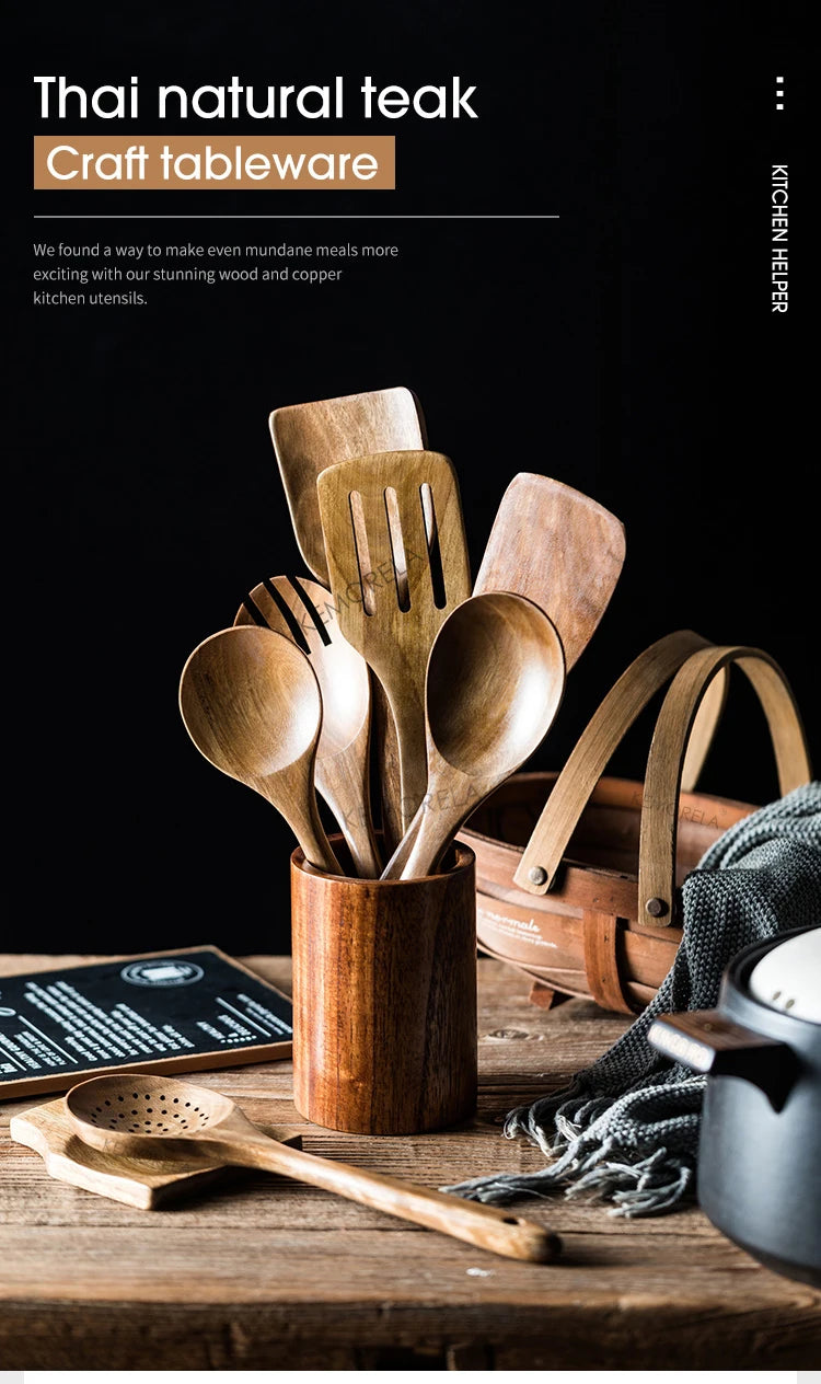 9-Piece Teak Cooking Utensil Set — With Holder | Kitchen Essential