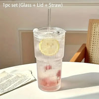 600ml Stripe Glass Cup with Lid & Straw