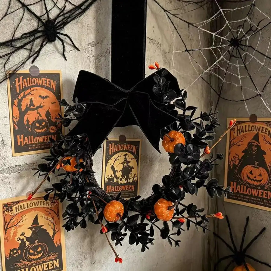 Black Halloween Wreath with Velvet Bow