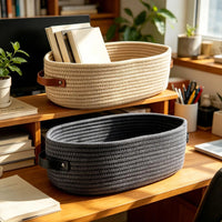 Handwoven Cotton Rope Storage Baskets | Set of 2 | Leather Handles