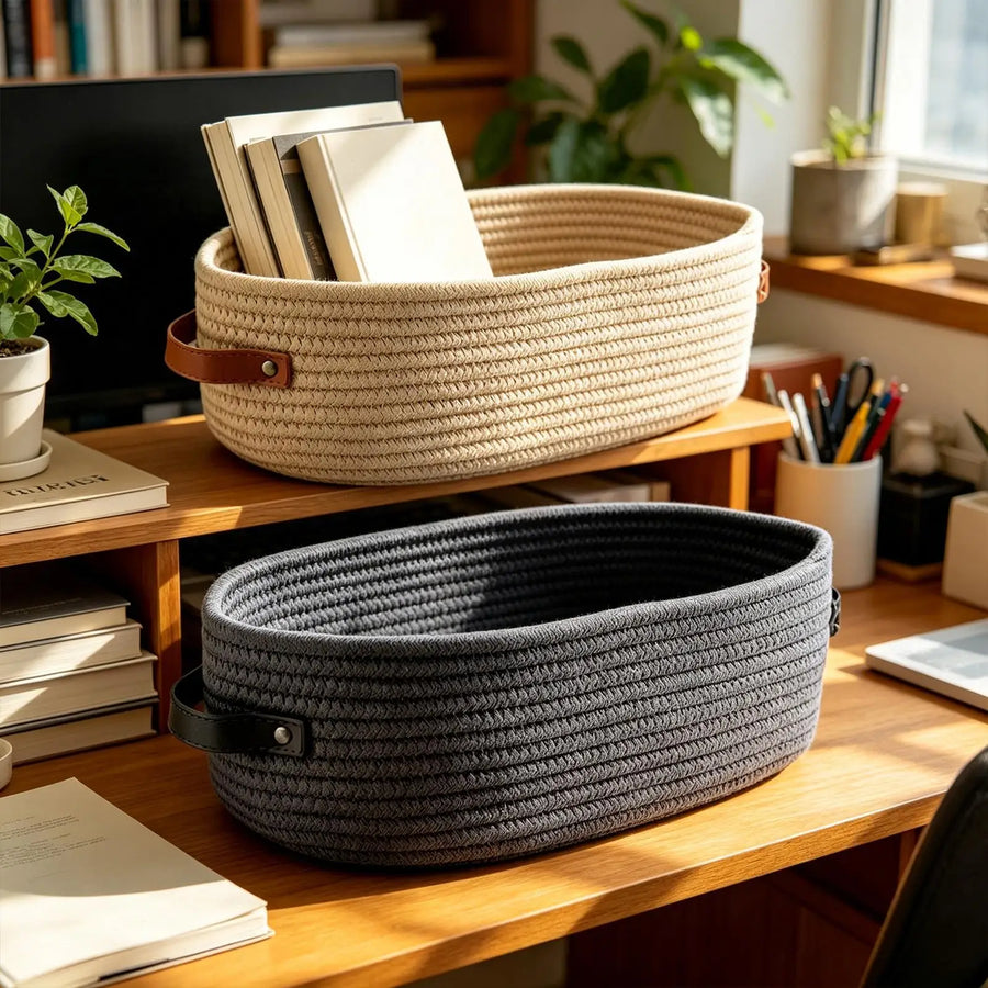 Handwoven Cotton Rope Storage Baskets | Set of 2 | Leather Handles