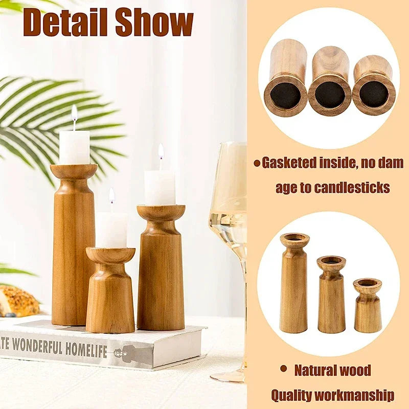 3-Piece Natural Wooden Candlestick Set — Retro | Wedding & Table Décor