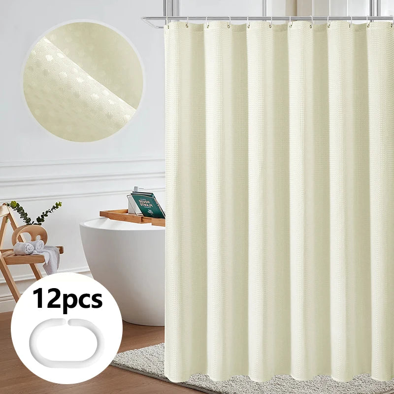 Waffle Texture Shower Curtain — Waterproof & Mildew-Proof | 4 Colours | 3 Sizes | 12 Hooks Included