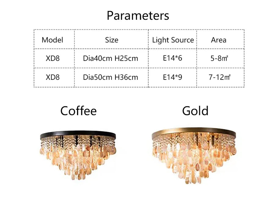 Luxury Crystal & Shell Chandelier — LED | Dimmable | 2 Sizes | Coffee or Gold Frame