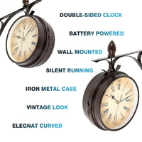 European Antique Double-Sided Wall Clock on Bracket — Silent | Iron | Indoor & Garden