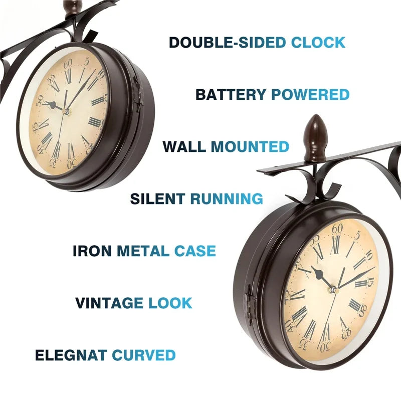 European Antique Double-Sided Wall Clock on Bracket — Silent | Iron | Indoor & Garden