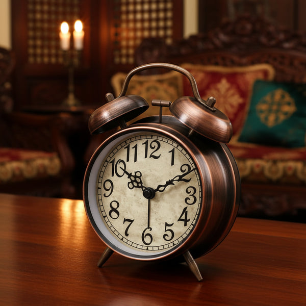 Antique Copper Twin-Bell Alarm Clock — Super Loud | Silent Movement | Night Light