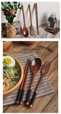 3-Piece Natural Wood Tableware Set — Spoon, Chopsticks & Fork | Travel & Home
