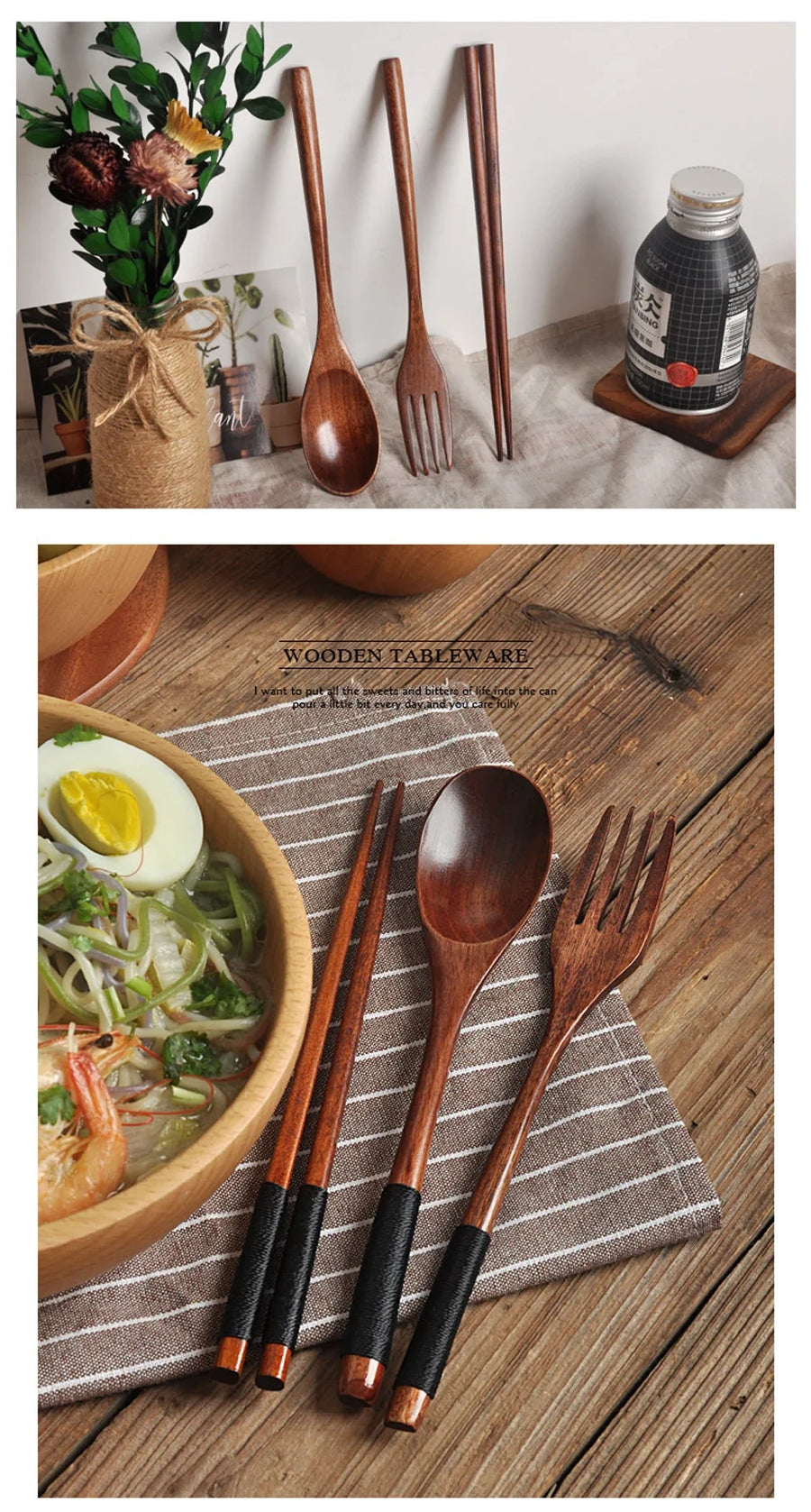 3-Piece Natural Wood Tableware Set — Spoon, Chopsticks & Fork | Travel & Home
