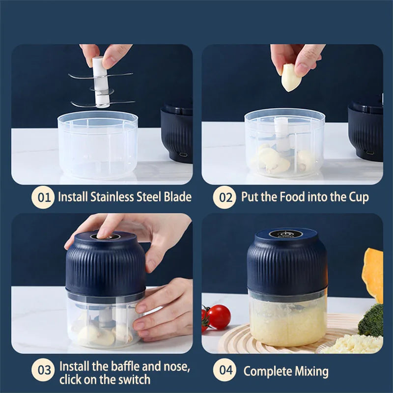 Mini Electric Food Chopper — 250ml, USB Rechargeable, 3-Blade, Wireless