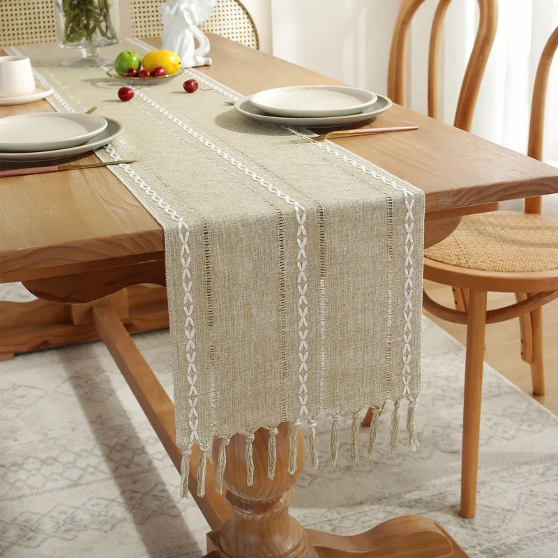Linen Table Runner with Tassels | Hemstitched | Green, Ivory & Coffee | Multiple Sizes