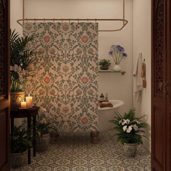 William Morris Sage Green Shower Curtain — Art Nouveau Botanical Print | Cottagecore | 5 Sizes